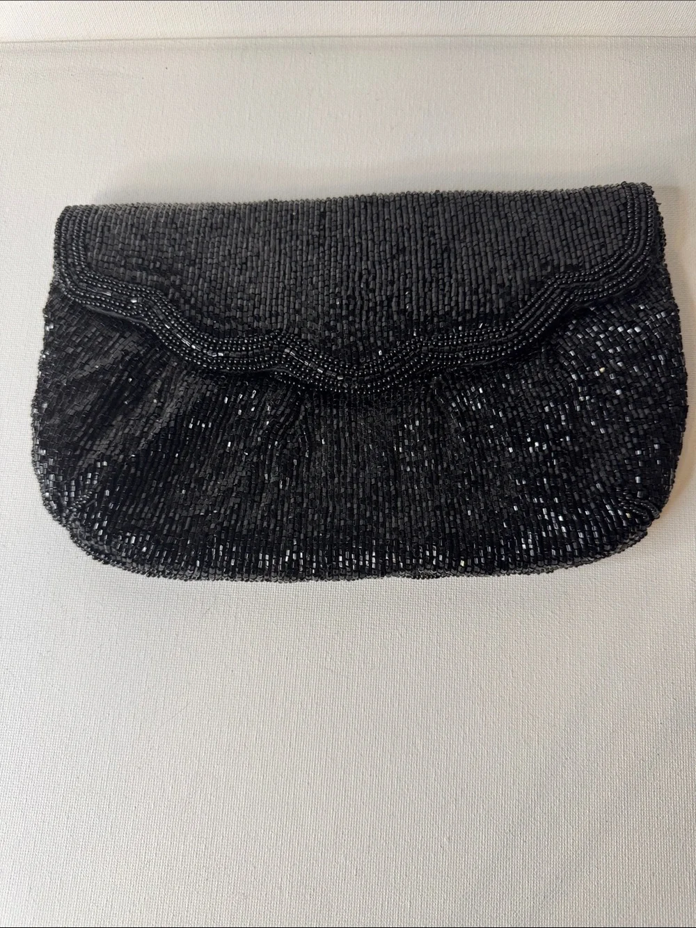 Venizia Vintage Black Beaded Evening Clutch Bag Shimmer Scalloped Flap